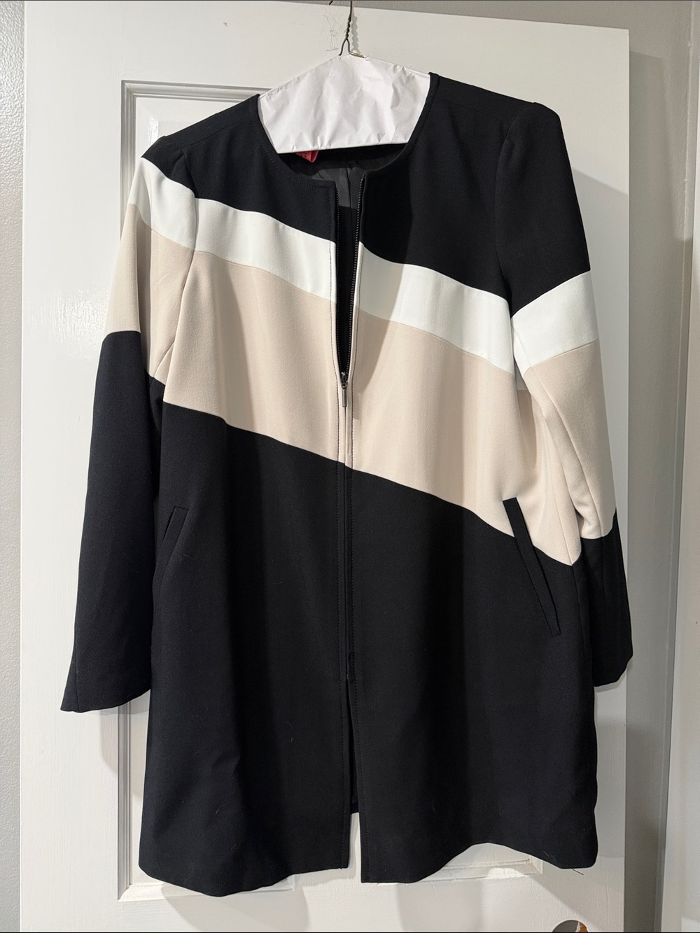 Alfani Black, Cream & White Colorblock Zip-Front Trench Coat
